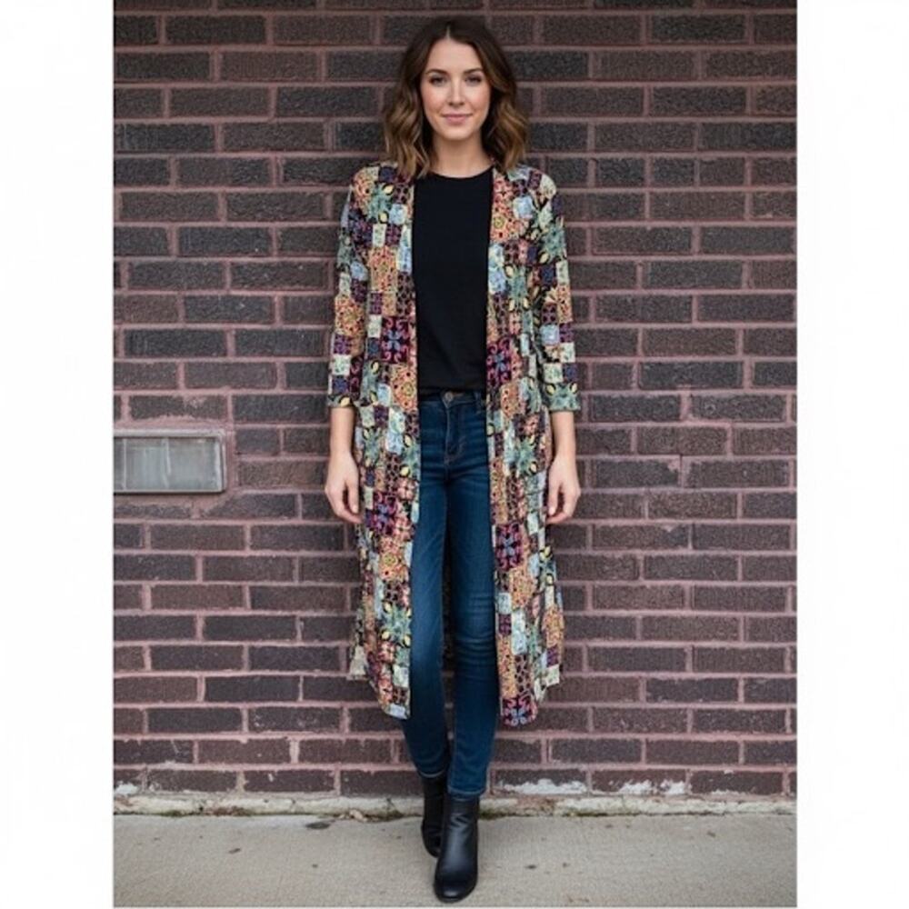LuLaRoe Sarah Multicolor Stained Glass Moroccan Mosaic Duster Open Cardigan XS
